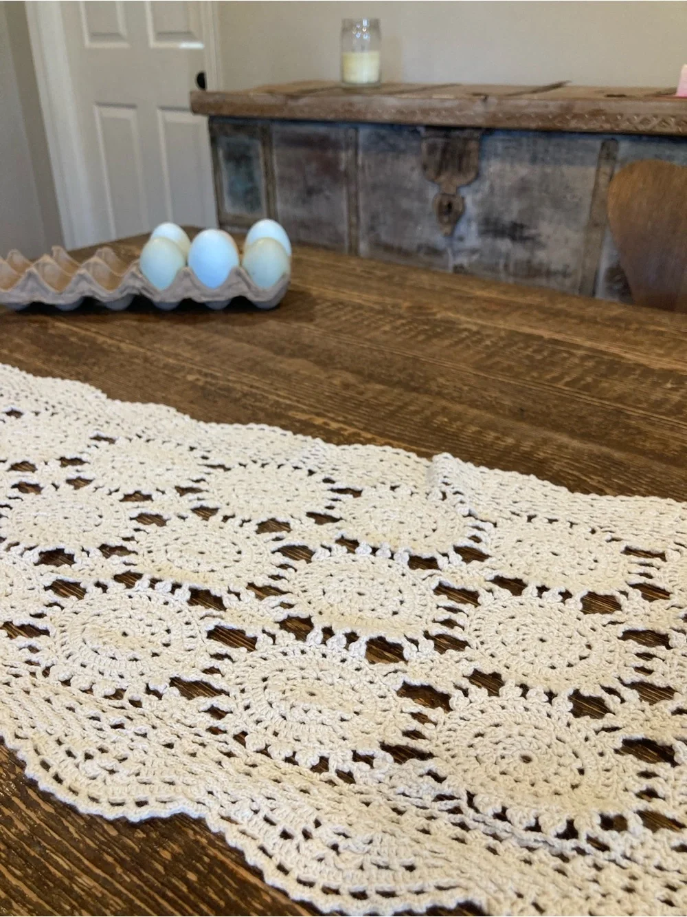 Hand Crochet Rectangle Doily 100% Cotton Made in China Cream Colored 30.5” Long
